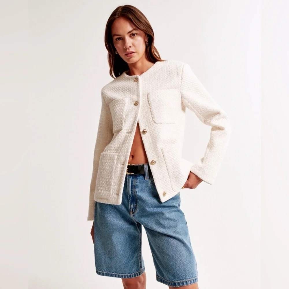 Abercrombie & Fitch Collarless Tweed Jacket Women's Xl Cream Boucle Fall Coastal